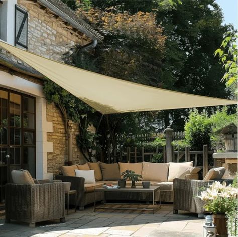 Sun Shade Sail - TheHues Back Deck Shade Sail, Shade Ideas For Pool Area, Sunshade Ideas Outdoor Spaces, Sun Shade Sail Ideas, Deck Sun Shade, Condo Patio, Garden Sail, Patio Sails, Covered Outdoor Kitchens