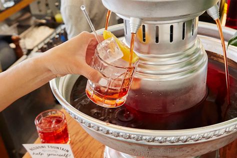 Dante at Genuine Has a Self-Serve Negroni Fountain - Thrillist Negroni Bar Wedding, Cocktail Fountain, Negroni Bar, Negroni Sbagliato Prosecco, Drink Fountain, Wine Fountain, Non Alcoholic Negroni, Catering Inspiration, Dream Bars