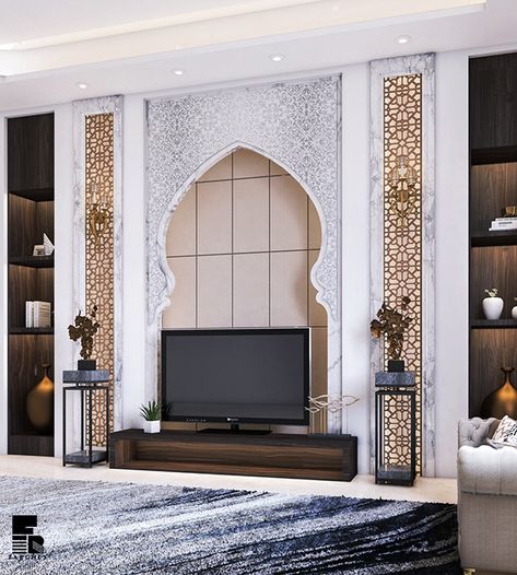 Arabian Living Room, Modern Islamic Interior, Islamic Living Room, Modern Arabic Interior, Arabic Interior Design, Mosque Design Islamic Architecture, Islamic Interior Design, Egyptian Home Decor, Lobby Interior Design