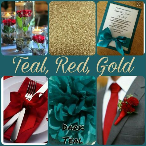 Teal And Red Wedding Theme, Black Red Teal Wedding, Teal Orange And Red Wedding Colors, Red Teal Wedding Theme, Teal And Red Wedding, Teal Burgundy Gold Wedding, Dark Teal Red And Wine Wedding Decor, Teal Wedding Colors Schemes, Teal Wedding Theme