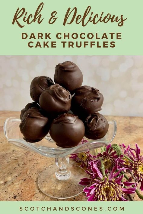 Dark Chocolate Cake Truffles are rich, bite-sized bits of chocolate cake mixed with chocolate buttercream frosting and drenched in pure chocolate. These truffles are perfect for Valentine's Day, Date Night, or any special celebration, and can be made into Chocolate Cake Pops, too! #scotchandsconesblog #chocolatecaketruffles #darkchocolatetruffles #caketruffles #chocolatecakepops #darkchocolatecakepops #temperedchocolate Chocolate Cake Truffles, Chocolate Truffle Cake, Chocolate Cake Pops, Dark Chocolate Cake, Dark Chocolate Truffles, Homemade Chocolate Cake, Chocolate Buttercream Frosting, Dark Chocolate Cakes, Cake Truffles