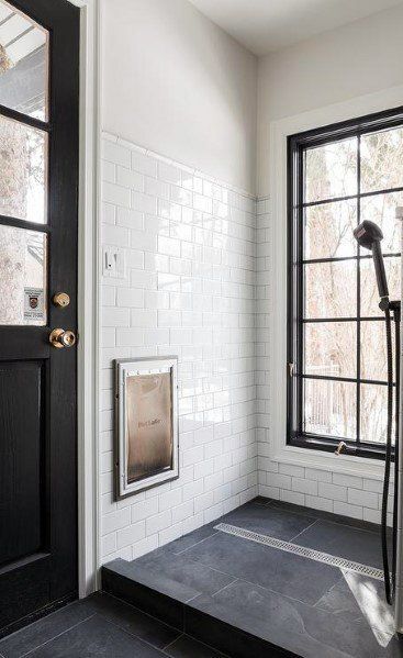 Discover the top 60 best home dog wash station ideas featuring unique bathing areas for your pup. Explore mudroom canine shower designs. Black Slate Floor Tiles, Contemporary Mudroom, Black Slate Floor, Dog Washing Station, Mudroom Laundry Room, Mudroom Design, Slate Flooring, Black And White Tiles, Dog Wash