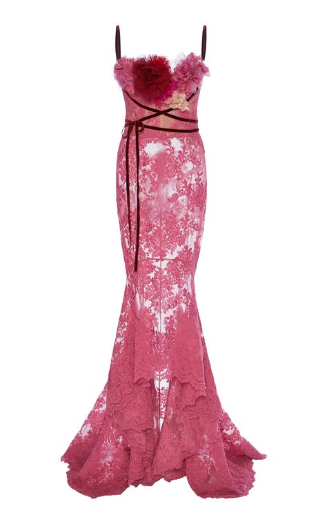 Click product to zoom Pink Dress Moda Operandi, Pink Couture Gown, Pink Lace Gown, High Low Ball Gown, Lace High Low Dress, Marchesa Fashion, High Low Evening Dresses, Gown Pink, Pink Ball Gown