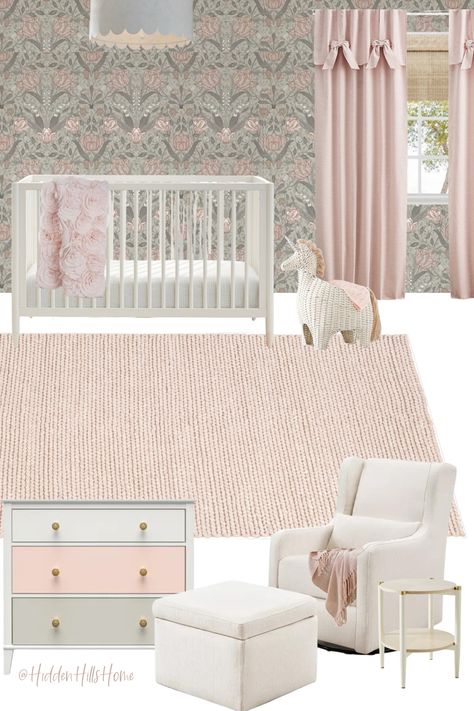 Pink nursery with pink and green floral wallpaper! Blush Pink And Green Nursery, Pink Green Nursery Girl, Sage Green And Blush Pink Nursery, Girl Nursery Green And Pink, Pink And Green Toddler Girl Room, Green And Pink Nursery Girl, Pink And Beige Nursery, Pink And Green Nursery Girl, Pink And Sage Nursery