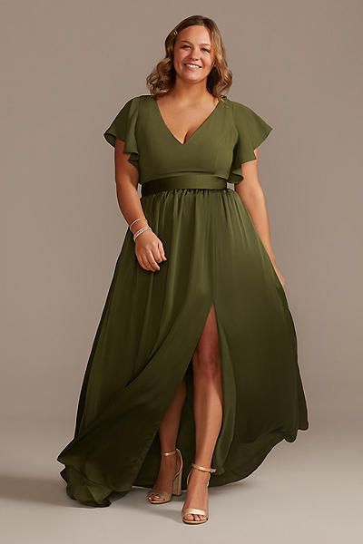 Bridesmaid Dresses Plus Size Body Types, Plus Size Maid Of Honor Dress, Olive Green Formal Dress, Charmeuse Bridesmaid Dress, Olive Green Bridesmaid Dresses, Plus Size Bridesmaid Dresses, Davids Bridal Bridesmaid Dresses, Green Formal Dresses, Bridesmaid Dresses With Sleeves