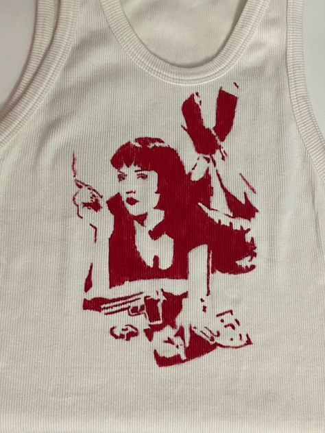 Screen Printed Shirts Y2k, Stencil For Clothes, Pulp Fiction Stencil, T Shirt Stencil Ideas, Painted Graphic Tees, Screen Print Ideas Graphic Tees, Shirt Stamp Ideas, Diy Painted Tshirt Ideas, Painted Tee Shirts Diy