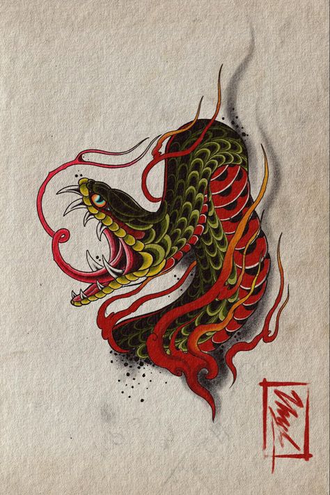 Traditional Japanese Tattoo Flash, Japanese Snake Tattoo, Tattoo Japanese Style, Cobra Tattoo, Neo Tattoo, Tattoo Snake, Snake Tattoo Design, Irezumi Tattoos, Traditional Japanese Tattoos