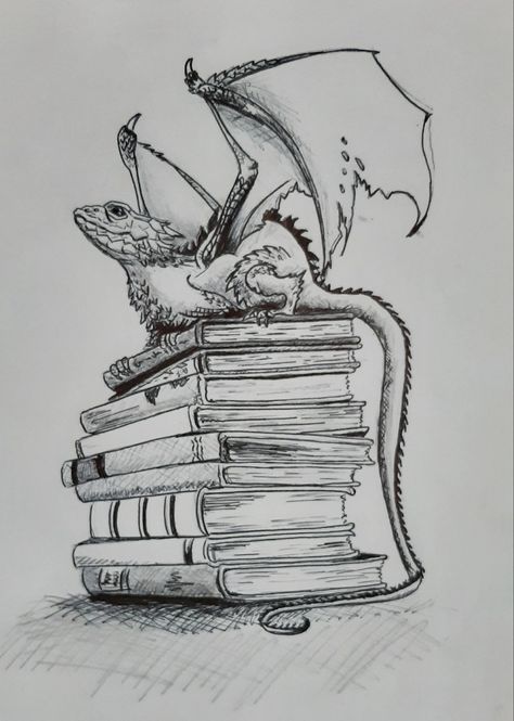 Book Dragon Drawing, Harry Potter Dragon Drawing, Dragon With Books Tattoo, Fantasy Book Drawing, Book Dragon Art, Dragon Drawing Sketches Realistic, Dragon Pencil Drawings, Book Dragon Tattoo, Ink Tattoo Design