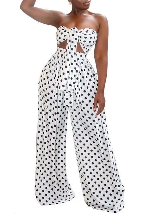 Geulis Women's Polka Dots 2 Piece Skirt Sets Off Crop Tops And Maxi Skirt #Sponsored Sweat Suits Women, Knot Crop Top, Style Wide Leg Pants, Wide Leg Pant Suit, Polka Dot Jumpsuit, Bandeau Crop Top, 2 Piece Skirt Set, Off Shoulder Crop Top, Strapless Bandeau