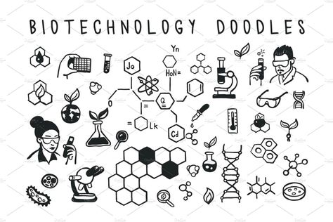 Biotechnology doodles style set by Anastasiia_Dzhioeva on @creativemarket Medicine Technology, Vision Planner, Science Doodles, Micro Organisms, Science Icons, Hollywood Songs, طابع بريدي, Education Icon, Doodle Style