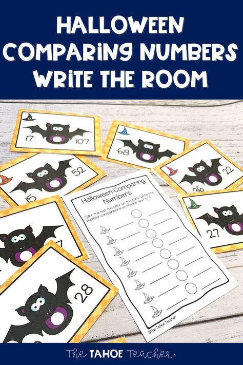 Have some Halloween fun comparing numbers with this cute bat comparing numbers math center. Students use the symbols to compare the numbers up to 100. This write the room center is great for 1st grade, but works well with kindergarten and second grade, too. Halloween Write The Room, Fall Science Center, November Math Centers, October Math Centers, November Math, October Math, Fall Science, Fall Centers, File Folder Activities