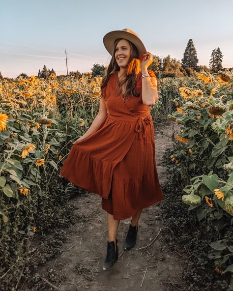 Auburn Dress Outfits, Cowboy Booties Outfit, Auburn Dress, Booties Outfit Fall, Rust Color Dress, Fall Photo Shoot Outfits, Midi Dress Outfit, Wedding Guest Outfit Fall, Orange Midi Dress