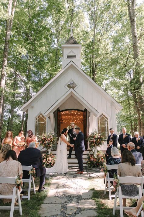 Summer Wedding | Conley Creek | Blairsville, GA White Wedding Chapel in Georgia Mountains Mountain Wedding Chapel, Small White Chapel Wedding, Backyard Wedding Backdrop Ideas, Mountain Wedding Georgia, Mountain Chapel Wedding, Beautiful Chapel Wedding, Little Church Wedding, Little Chapel Wedding, Symmes Chapel Wedding