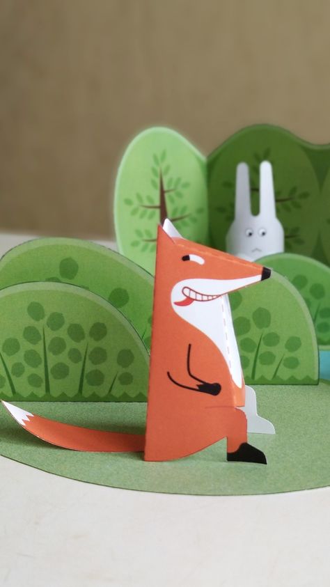 Paper fox Fox Origami, Paper Diorama, Paper Toy Printable, Paper Craft For Kids, Fox And Rabbit, Kids Crafting, Glue Stick, Office Paper, Kids' Crafts