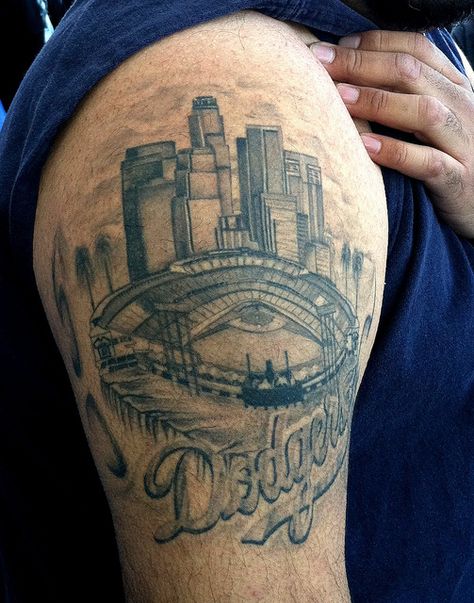 Dodger Stadium Tattoo/ that's die hard Dodgers Tattoo, Los Angeles Dodgers Tattoo, California Tattoos, Los Angeles Dodgers Stadium, Baseball Tattoo, Baseball Tattoos, Dodger Baseball, Sport Tattoos, Brian Dawkins