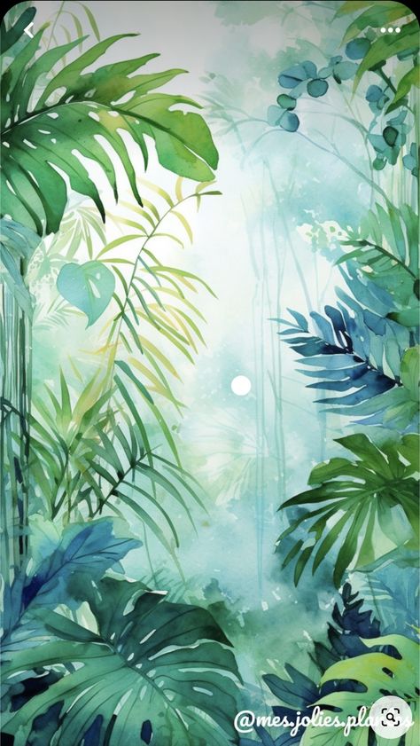 Watercolor Jungle Landscape, Watercolor Tropical Plants, Jungle Leaves Painting, Jungle Plants Drawing, Jungle Art Painting, Jungle Art Tropical, Tropical Drawing, Jungle Artwork, Painting Jungle