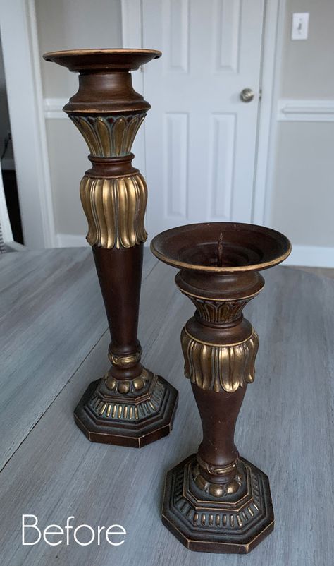 Metal Candle Holders Decor Ideas, Painting Candle Sticks, Small Things To Paint, Chalk Painted Candlesticks, Candlestick Decor Ideas, French Country Candlesticks, Repurposed Candle Sticks, Candle Holders Decor Ideas, Candlestick Makeover