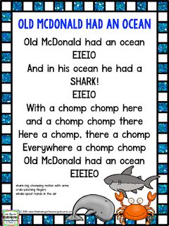 Ocean poem!  Old McDonald Had An Ocean! Letter O Song, Ocean Poem, Ocean Lesson Plans, Oceans Song, Ocean Classroom, Ocean Theme Preschool, Circle Time Songs, Ocean Unit, Classroom Songs