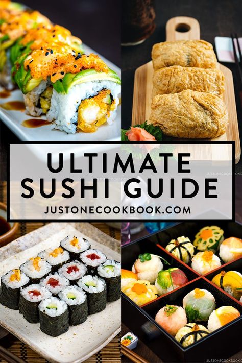 Amp up your knowledge with this ultimate sushi guide! You'll learn about the origin, types of sushi, important ingredients, and etiquettes of eating sushi. We also included all the sushi recipes you'll need to enjoy a true feast at home. #sushi #howtomakesushi #howtoeatsushi | Easy Japanese Recipes at JustOneCookbook.com Sushi Types, Sushi Easy, Sushi Guide, Sushi Recipes Homemade, Eating Sushi, Just One Cookbook, Sushi Roll Recipes, Easy Sushi, Japan Sushi