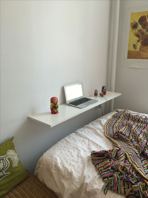 Space saver-- Use a wide shelf to create a desk at the end of your bed. Great for Netflix too! Bed With Desk At End, Desk End Of Bed, Shelf At End Of Bed, Desk At End Of Bed Small Spaces, Desk Above Bed, End Of Bed Desk, Desk Over Bed Small Bedrooms, End Of Bed Ideas Small Bedrooms, Alternative Desk Ideas