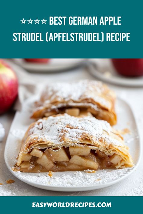 A classic German Apple Strudel with a flaky crust and spiced apple filling, perfect for holidays and special occasions. Make it with this simple recipe! Authentic Apple Strudel Recipe, Strudel Recipes Germany, Apple Strudel Recipe From Scratch, German Strudel, Apfelstrudel Recipe, German Apple Strudel, German Cuisine Recipes, German Dessert Recipes, Easy Apple Strudel Recipe