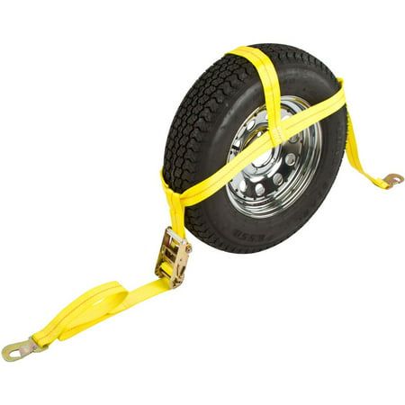 CTS-RAT-SNAP Wheel Tie Down Bonnet Ratchet Wheel Strap secures a vehicle tire for safe moving using a wrap around, highly visible Wheel Tie Down strap. A heavy duty non-slip ratchet ensures proper tension between the vehicle tire strap and the trailer bed. 5,000 lb. Break Strength / 1,666 lb. Working Load per strap. 1 Year Warranty. Size: 1-Pack.  Color: Yellow. Outboard Motor Stand, Trailer Dolly, Kayak Rack, Loading Ramps, Tie Down Strap, Utv Accessories, Motorcycle Trailer, Trailer Hitch Receiver, Ratchet Straps