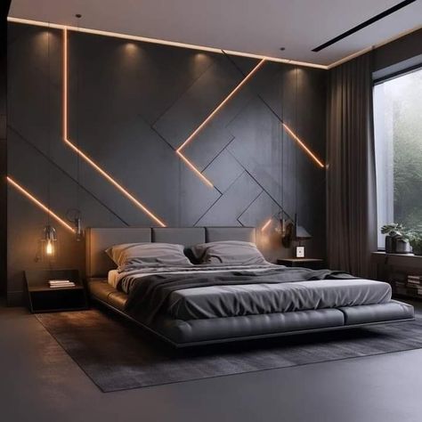 Master Bed Accent Wall, Bedroom Wall Ideas, Master Room Design, Diy Headboard Ideas, Furniture Sets Design, Bedroom Interior Design Modern, Grey Bedroom Design, Feature Wall Bedroom, False Ceiling Living Room