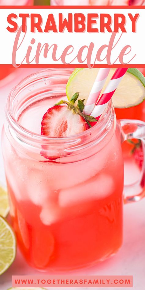 Homemade Strawberry Limeade is a refreshing drink made with a simple fresh strawberry syrup, fresh lime juice, cold water, sliced limes and strawberries. This limeade with strawberries is a refreshing beverage for summertime. Strawberry Limeade Recipe, Limeade Drinks, Brazilian Lemonade, Strawberry Limeade, Limeade Recipe, Turtle Brownies, Frozen Limeade, Daiquiri Cocktail, Lime Punch