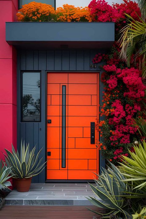 19 Front Door Ideas That Will Transform Your Home's First Impression | DIY Vibes Art On Doors Ideas, Outside Entrance Design, Orange Doors On Houses, Amazing Front Doors, Accent Door Colors, Colourful Front Doors, Cool Front Doors, Colorful Front Door Ideas, Exterior Front Door Ideas