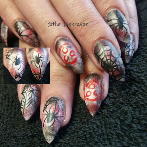 halloween nail art spiders pink raven silent hill hand painted web black widow Silent Hill Nail Art, Silent Hill Nails, Coffin Nails Black, Black Widow Spider, Nails Black, Halloween Nail, Silent Hill, Halloween Nail Art, Black Widow