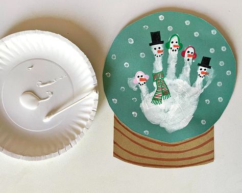 Snow Globe Craft - Childhood Magic Handprint Snowglobe, Easy Snow Globe Craft, Snowman Handprint, Easy Snow Globes, Snowglobe Craft, Handprint Activity, Snow Globe Craft, Prek Art, Snow Globe Crafts