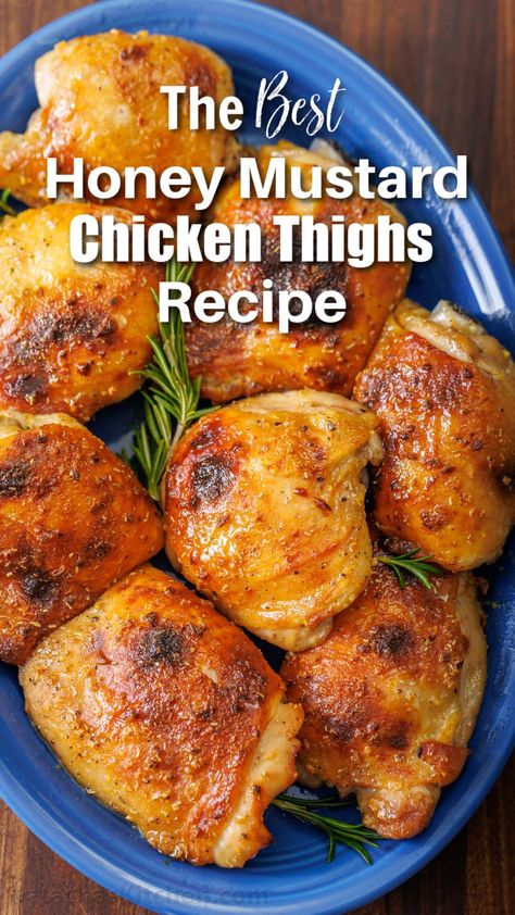 These juicy Baked Honey Mustard Chicken Thighs are irresistibly crisp on the outside and smothered in mouthwatering homemade honey mustard sauce. Homey Mustard Chicken Marinade, Honey Mustard Chicken Oven, Chicken Thigh Recipes Honey Mustard, Honey Mustard Crockpot Chicken, Mustard Honey Chicken, Slow Cooker Honey Mustard Chicken, Honey Mustard Chicken Crockpot, Honey Mustard Sauce For Chicken, Honey Dijon Chicken Thighs