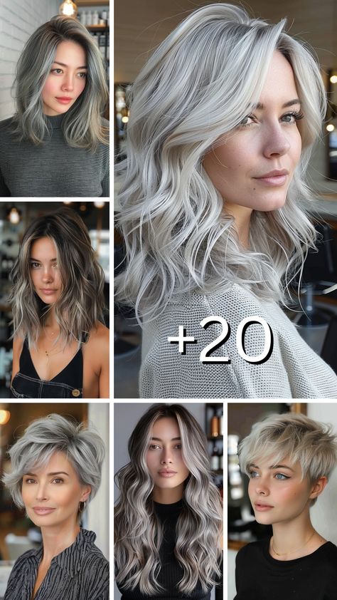 25 Trendy Silver Hair Color Ideas for Your Hollywood Look Silver Blonde Hair Color Ideas, Silver Hair With Root Smudge, Grey Balayage Silver, Hair Colour Ideas For Greying Hair, Grey Silver Hair Color, Gray Hair Coloring Ideas Shades, Silver Hair Dye Ideas, Silver Hair Balayage, Silver Hair Women