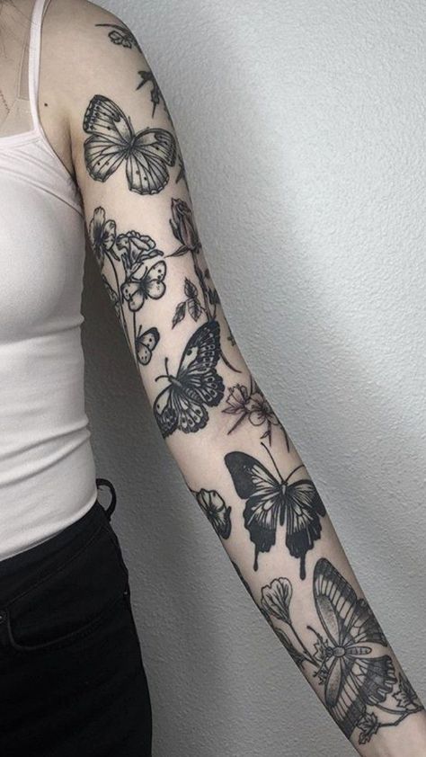 Piece Work Sleeve Tattoo, Filler Pieces Tattoo, Unconventional Tattoos, Insect Sleeve Tattoo, Insect Tattoo Sleeve, Botanical Tattoo Vintage, Under Knee Tattoos Women, Butterfly Tattoo Sleeve, Dark Floral Tattoo