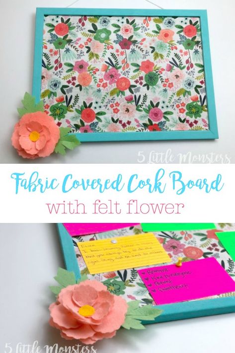 Fabric Covered Cork Board with Felt Flower. Transform a plain boring cork board into a super cute place to pin notes and pictures. All you need is a some paint, Mod Podge, fabric, and felt. Diy Cork Board Ideas, Painting Corkboard, Cork Board Ideas For Bedroom, Covered Cork Board, Fabric Covered Cork Board, Fabric Corkboard, Paint Cork, Mod Podge Fabric, Diy Cork Board