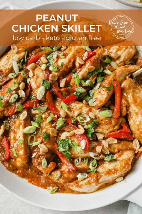 Creamy Chicken Peppers, Keto Peanut Chicken Low Carb, The Best Keto And Low Carb Recipes, Chicken Peanut Recipes, Low Calorie Asian Chicken Recipes, Healthy Peanut Chicken Recipe, Chicken And Peanuts Recipe, Keto Peanut Butter Chicken, Low Carb Thai Recipes