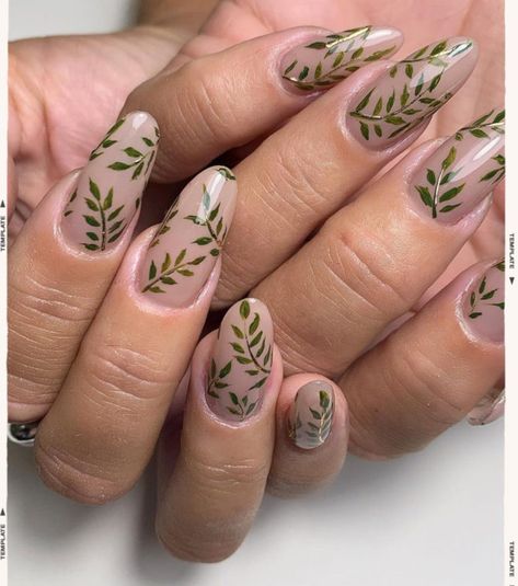 50 Festive Manicure Ideas To Inspire Your First Trip Back To The Salon - Zoella Green Plant Nail Design, Plant Acrylic Nails, Plant Inspired Nails, Ivy Nail Art, Plant Nail Art, Cottagecore Nails, Ivy Nails, Edgy Nails, Skin Nails