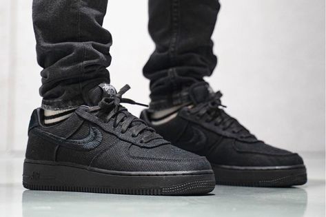 Stüssy x Nike Air Force 1 Low "Black" and "Fossil Stone" On-Foot Look | HYPEBEAST Black Air Force 1 Outfit, Nike Air Force 1, Air Force 1 Low, Branded Bags, Pant Shirt, Air Force 1, Nike Air Force, Jordan, All Black Sneakers