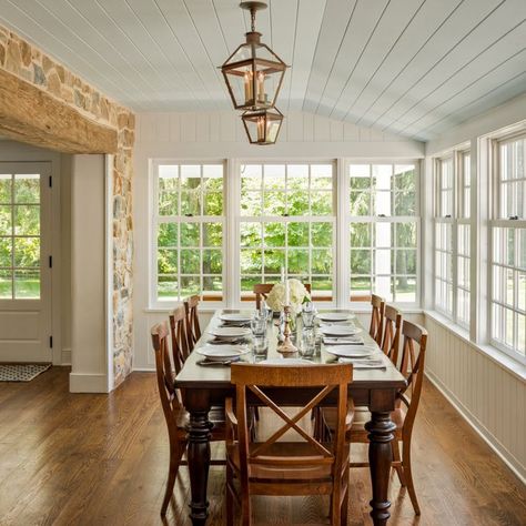 Add On Dining Room To House, Sunroom With Round Dining Table, Sunroom Dining Room Off Kitchen, Narrow Dining Room, Playroom Sunroom, Dining Room Sunroom, Sunroom Dining Room, Extended Kitchen, Deck Ceiling