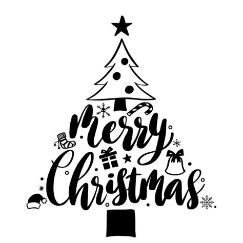 Merry Christmas lettering composition with christmas tree, bell, snowflakes and other Christmas elements premium vector EPS format graphics in black colour. Merry Christmas Black And White, Lettering Composition, Christmas Black And White, Merry Christmas Lettering, Holiday Fonts, Christmas Typography, Christmas Calligraphy, Christmas Cricut, Beautiful Christmas Cards