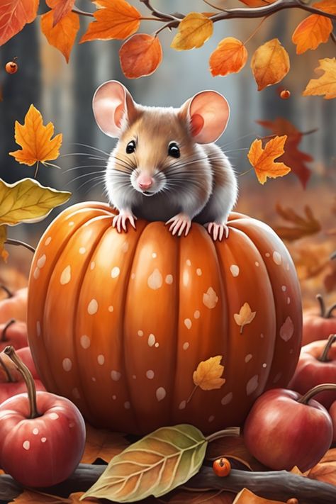 Autumn Gardening, Autumn Artwork, Succulent Painting, Autumn Animals, Pumpkin Wallpaper, Charlie Brown Halloween, Animal Art Projects, Mouse Art, Pumpkin Leaves