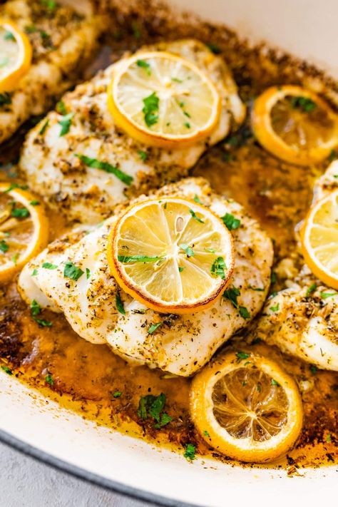 Easy Oven Baked Cod Recipe (Lemon Butter and Herb) - CucinaByElena Oven Baked Cod, Cod Dishes, Flounder Recipes, Baked Cod Recipes, Recipe With Lemon, Cod Recipe, Cod Recipes, How To Cook Asparagus, Herb Seasoning