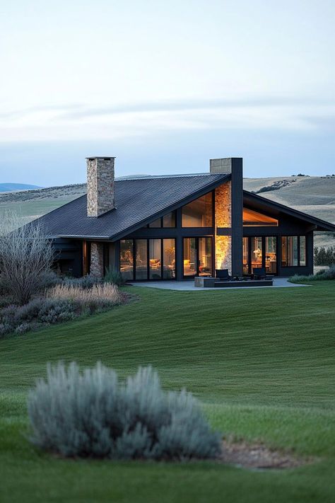 Modern Mountain Ranch Home Exterior, High Ceiling Ranch Home, Contemporary Rural House, L Shaped Ranch Exterior, Black Ranch House, Modern Horse Ranch, Mountain Modern Exterior, Big Ranch House, Modern Rustic House Exterior