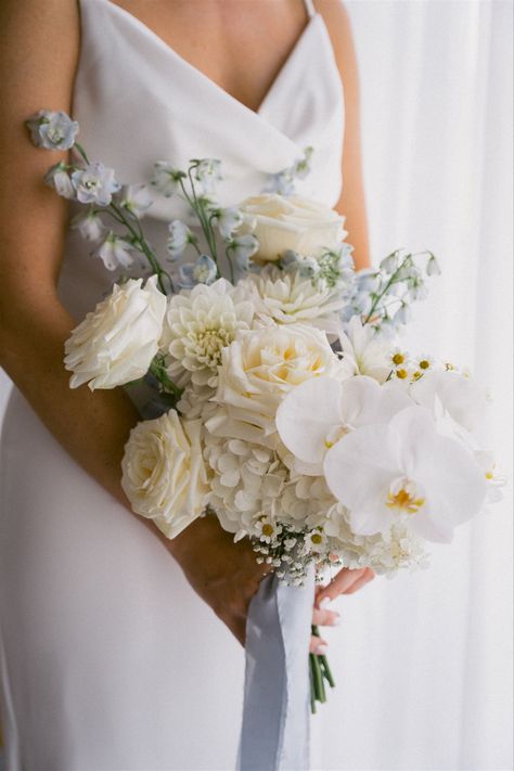 Italian Flower Bouquet, Soft Bridal Bouquet, Dusty Blue And White Bridal Bouquet, Contemporary Bridal Bouquet, White And Pastel Wedding Flowers, Timeless Bridal Bouquet, White Bouquet With Blue Accents, White And Blue Wedding Bouquet, Bridal Bouquet Sage Green