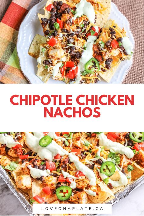 Chipotle Chicken Nachos, Avocado Ranch Sauce, Chipotle Chicken Marinade, Nachos Chicken, Chicken Beans, Avocado Ranch Dressing, Loaded Chicken, Mexican Shredded Chicken, Plate Recipes