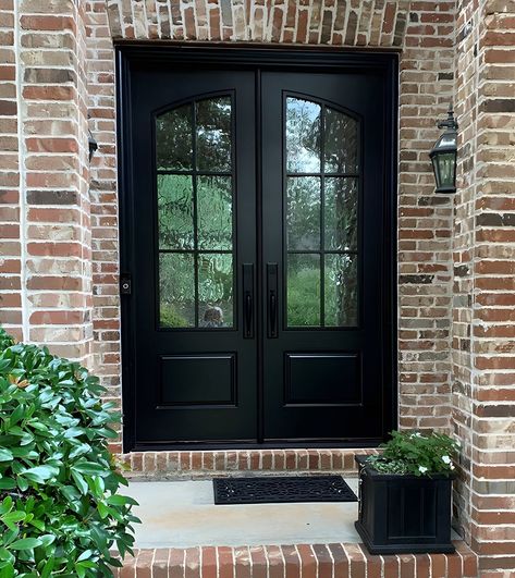 Custom Modern French 6 Lite Eyebrow Glass Double Doors – Masterpiece Doors Black Double Front Entry Doors, Black Farmhouse Front Door Entrance, Wrought Iron Double Doors, Full Light Entry Door, Glass Pane Front Door, Black Exterior Double Doors Front Entry, French Door Porch, Narrow Double Front Doors, Rounded Double Front Door