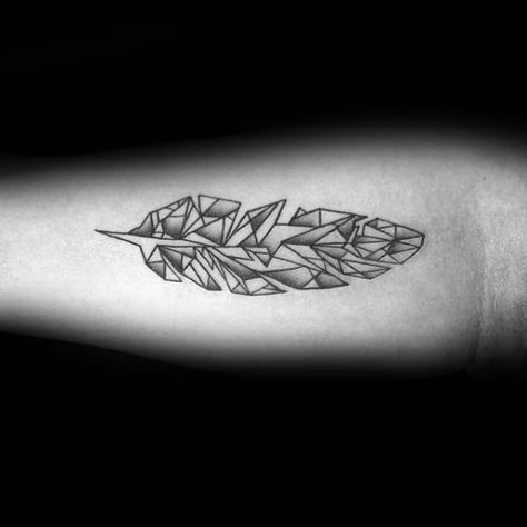 Geometric Feather Tattoo, Feather Tattoo Men, Top Of Shoulder Tattoo, Geometric Feather, Tattoo Feather, Balance Tattoo, Feather Tattoo Design, Inner Forearm, Tattoo Designs For Men