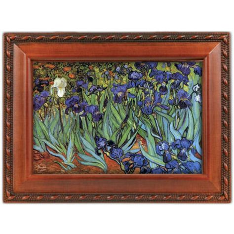 More Irises! This is our Van Gogh Irises Music Box. Choose from 5 different tunes and black or woodgrain finish.  #iris #musicbox #musicboxes #vangoghirises #vangogh #irisgifts #musicboxgift #artgifts Van Gogh Iris, Van Gogh Jewelry, Irises Painting, Iris Jewelry, Music Jewelry Box, Van Gogh Gifts, Van Gogh Irises, Iris Painting, Musical Jewelry Box