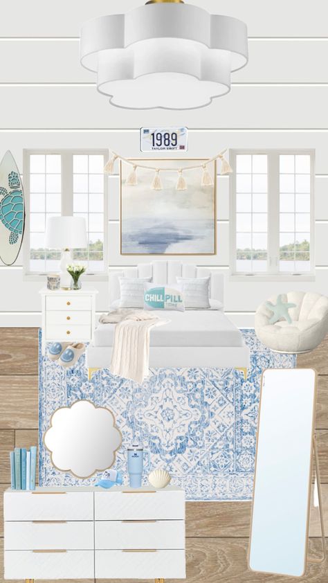 #blueaesthetic #blue #bedroominspo #bedroom #beach #beachhouse #taylorswift #1989 Costal Bedroom, Surf Room Decor, Coastal Room Decor, Beachy Room Decor, Room Wishlist, Beach Room Decor, Bedroom Beach, Surf Room, Summer Bedroom