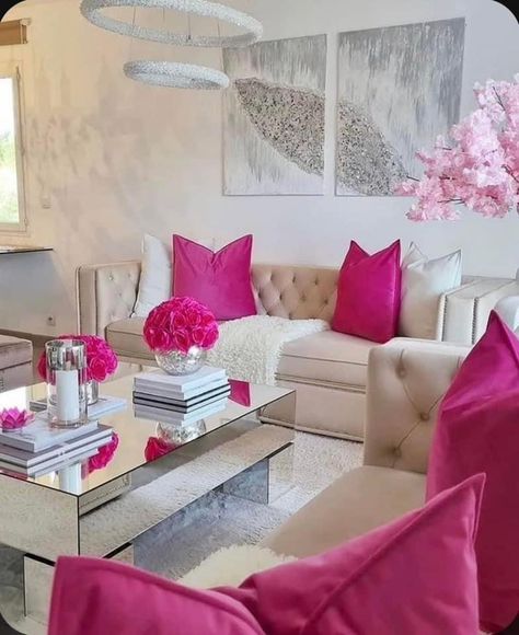 Living Room Salon, Pink House Decor Living Room, Hot Pink Living Room, Pink House Interior, Feminine Living Room, Pink Living Room Decor, Salas Living Room, Girl Apartment Decor, Luxury Furniture Sofa